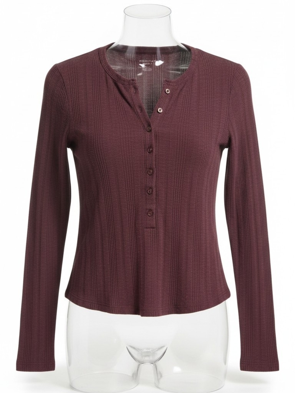 American Eagle Outfitters Ribbed Henley Long Sleeve Top - Plum Size Large